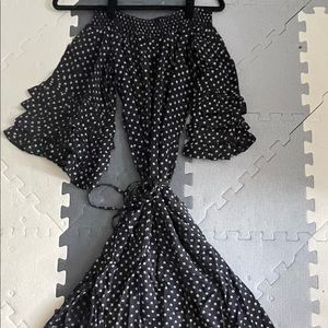 Off the shoulder black and white dress with ruffle sleeve